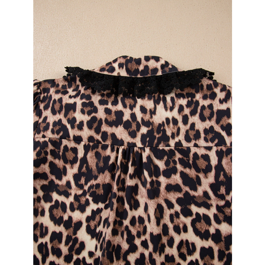 Leopard Print Lace Trim Short Sleeve Shirt Apparel and Accessories