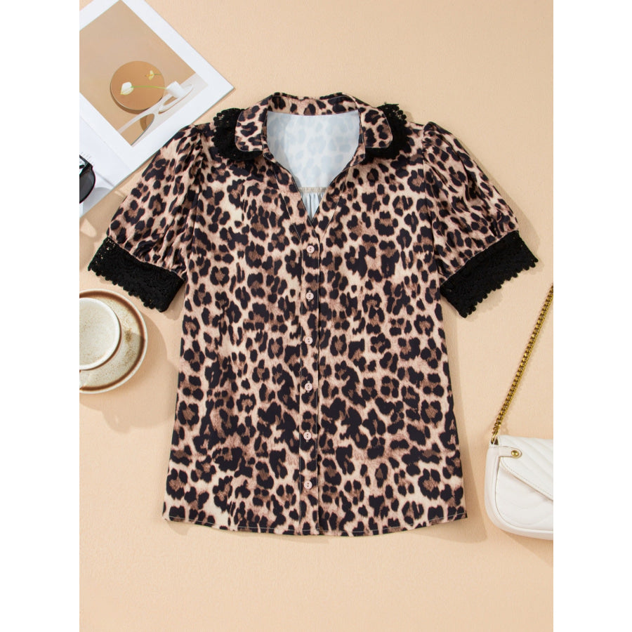 Leopard Print Lace Trim Short Sleeve Shirt Apparel and Accessories