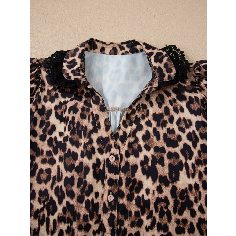 Leopard Print Lace Trim Short Sleeve Shirt Apparel and Accessories