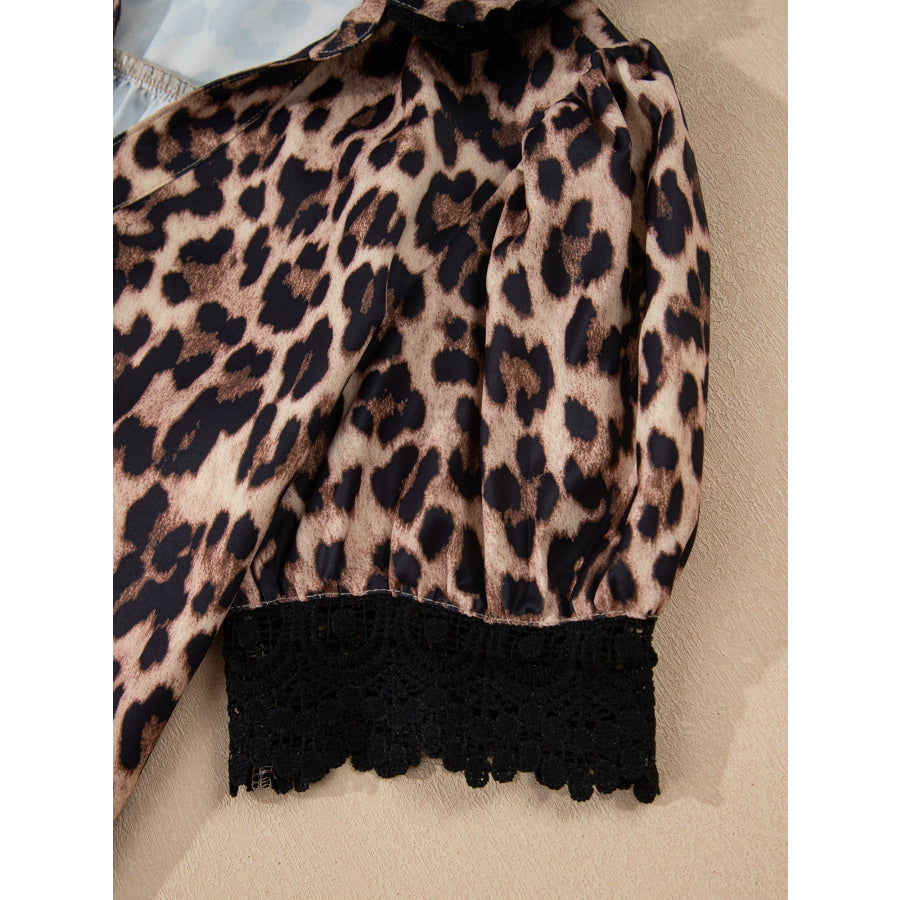 Leopard Print Lace Trim Short Sleeve Shirt Apparel and Accessories