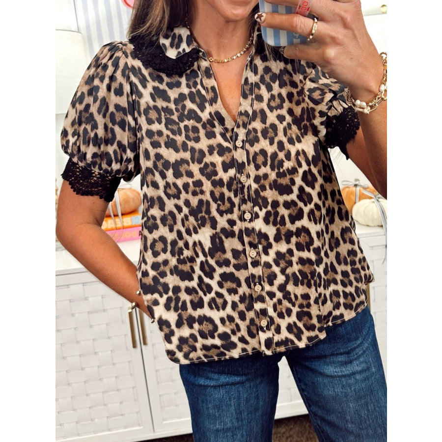 Leopard Print Lace Trim Short Sleeve Shirt Apparel and Accessories