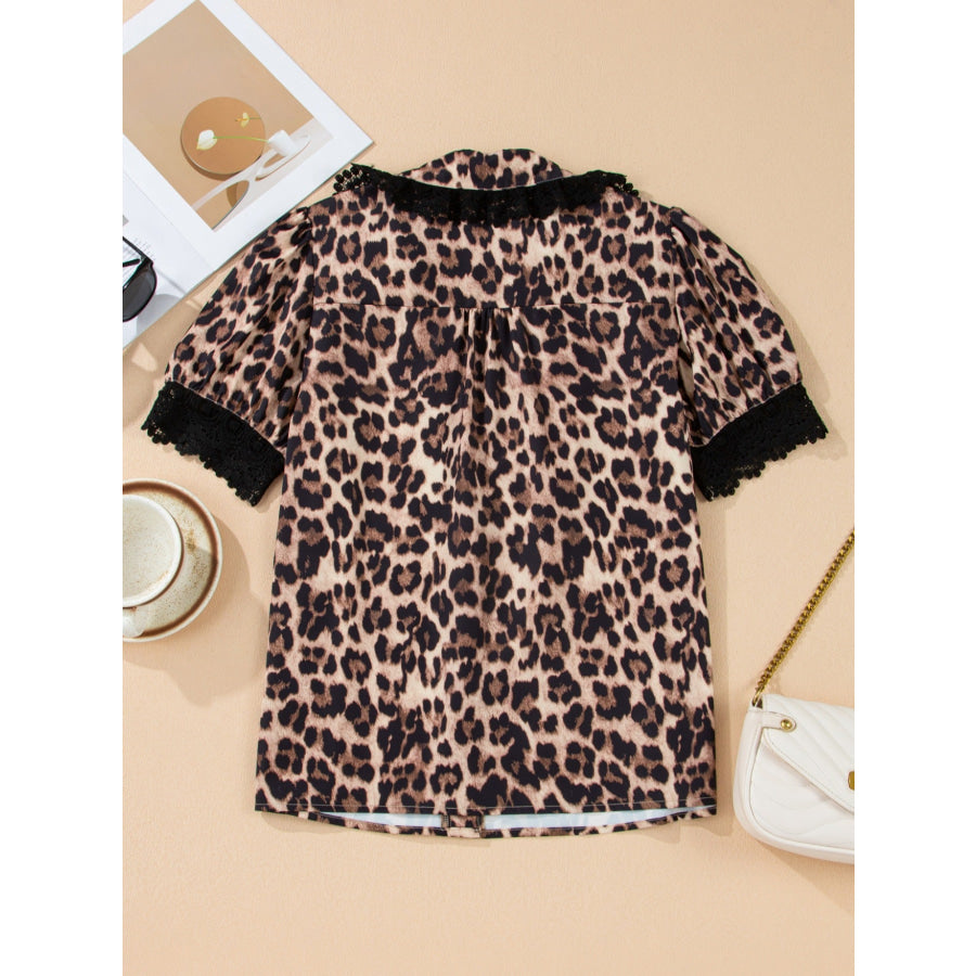 Leopard Print Lace Trim Short Sleeve Shirt Apparel and Accessories