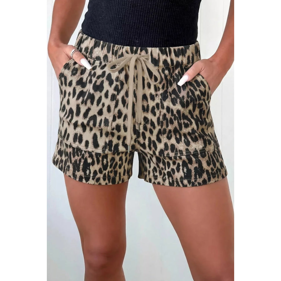 Leopard Print Lace-up Elastic Waistband Mid Rise Denim Shorts Leopard / 4 Apparel and Accessories