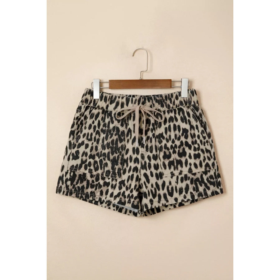 Leopard Print Lace-up Elastic Waistband Mid Rise Denim Shorts Apparel and Accessories