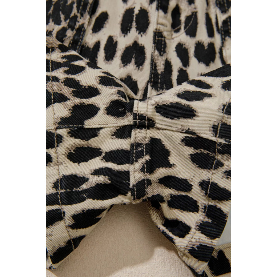 Leopard Print Lace-up Elastic Waistband Mid Rise Denim Shorts Apparel and Accessories