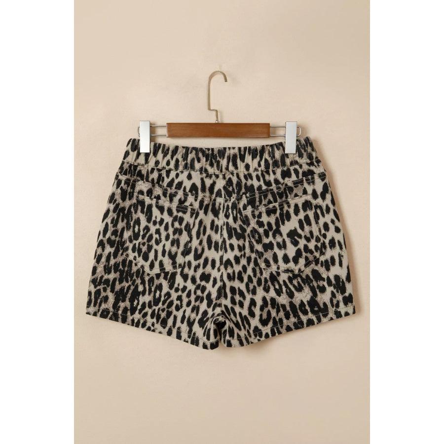 Leopard Print Lace-up Elastic Waistband Mid Rise Denim Shorts Apparel and Accessories