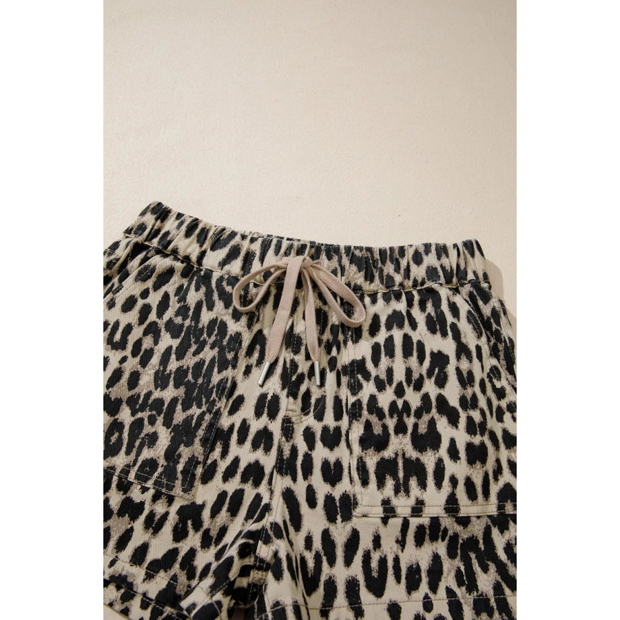Leopard Print Lace-up Elastic Waistband Mid Rise Denim Shorts Apparel and Accessories