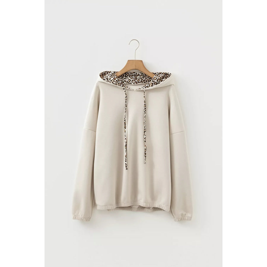 Leopard Print Lined Hoodie with Drawstring Apparel and Accessories