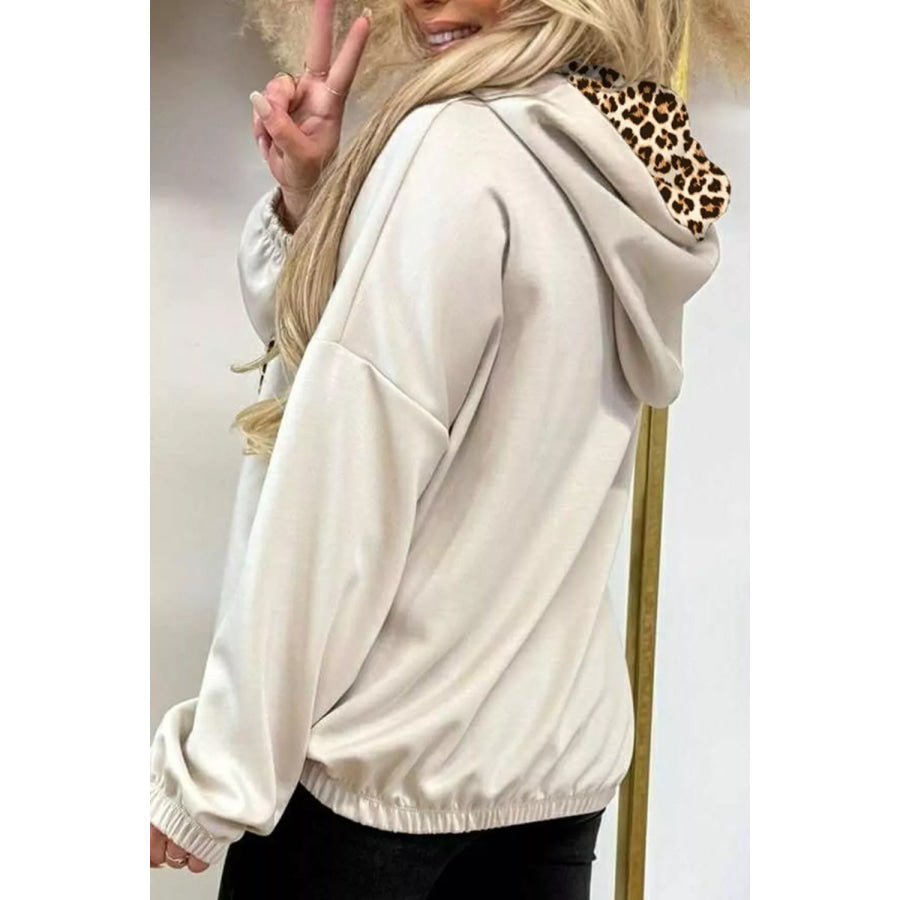 Leopard Print Lined Hoodie with Drawstring Apparel and Accessories
