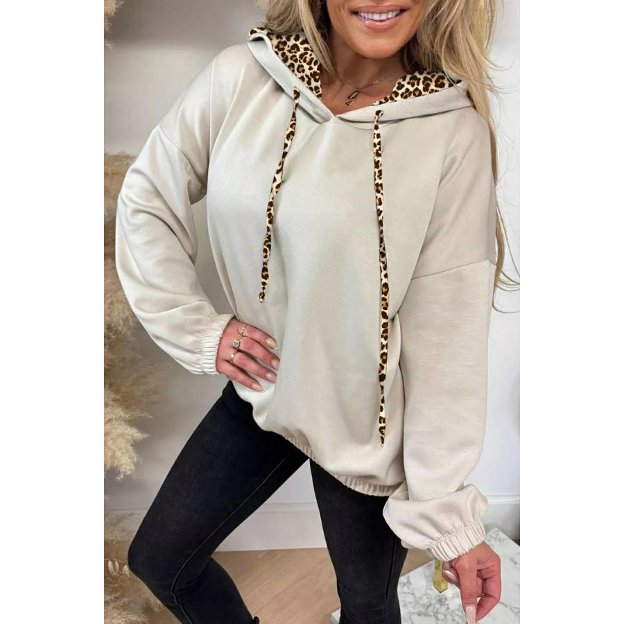 Leopard Print Lined Hoodie with Drawstring Beige / S Apparel and Accessories