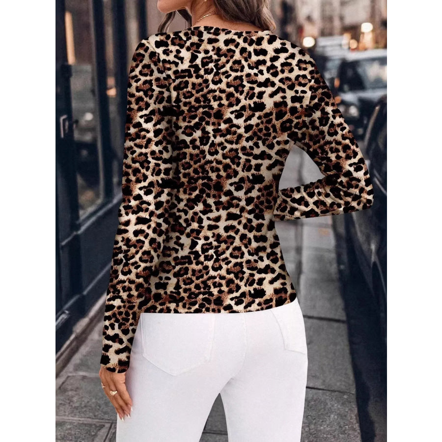 Leopard Print Long Sleeve Fitted Blouse Apparel and Accessories