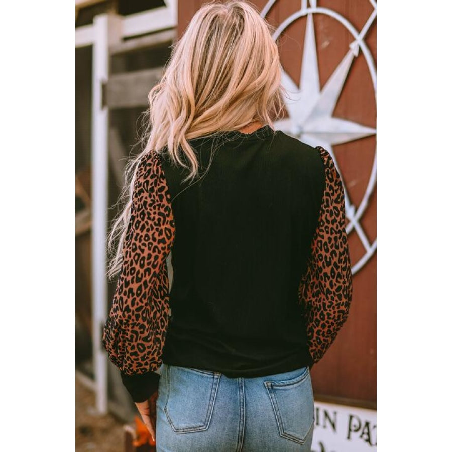 Leopard Print Long Sleeve Ribbed Knit Blouse