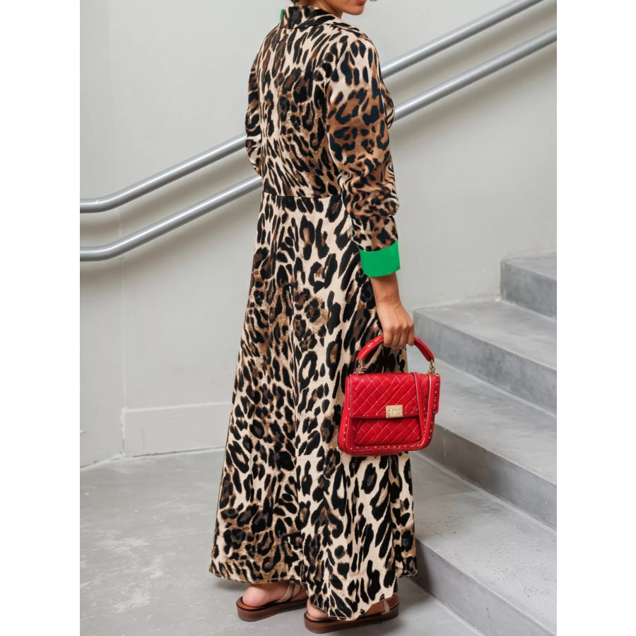 Leopard Print Long Sleeve Shirt Dress with Contrast Trim Apparel and Accessories