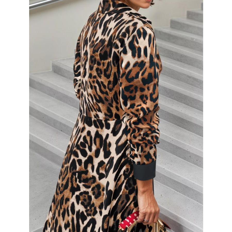 Leopard Print Long Sleeve Shirt Dress with Contrast Trim Apparel and Accessories