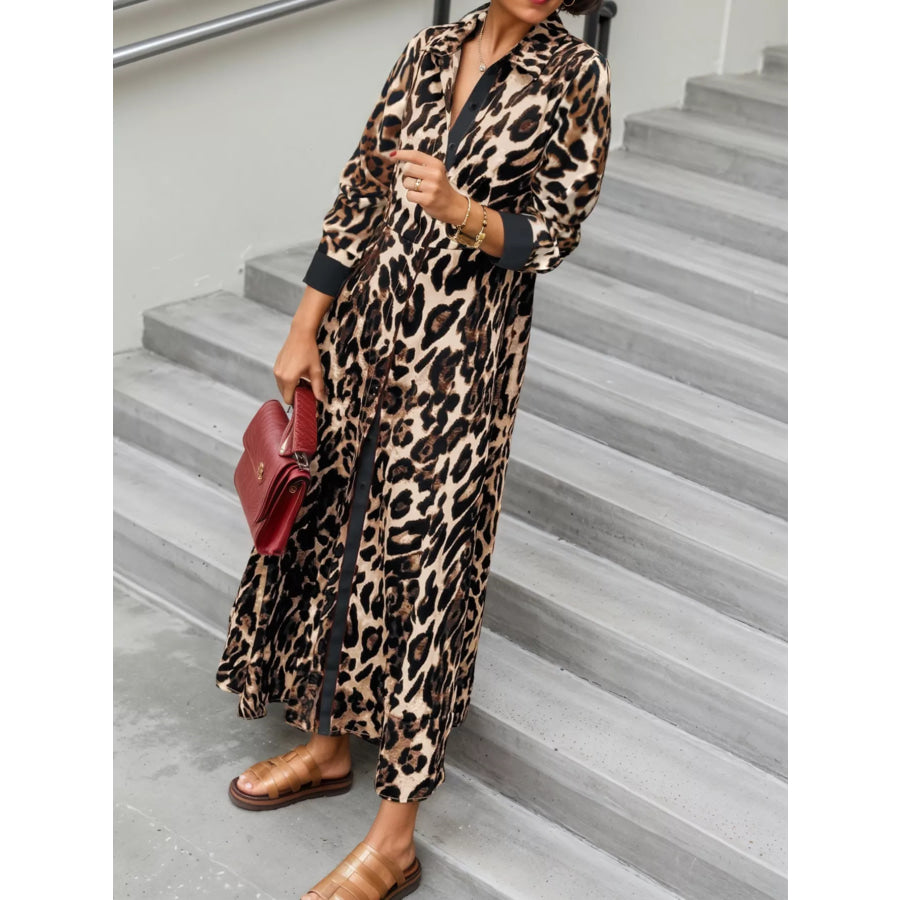 Leopard Print Long Sleeve Shirt Dress with Contrast Trim Apparel and Accessories