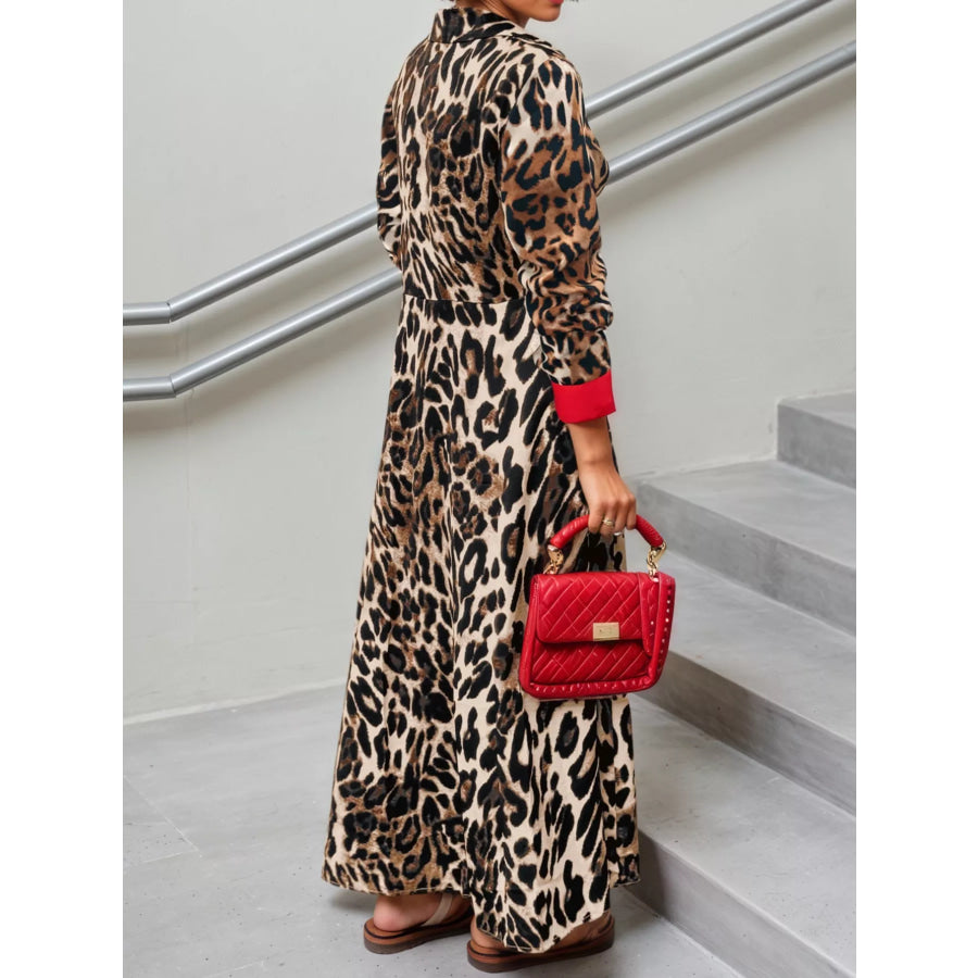 Leopard Print Long Sleeve Shirt Dress with Contrast Trim Apparel and Accessories
