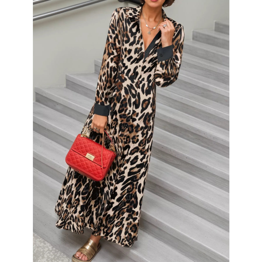 Leopard Print Long Sleeve Shirt Dress with Contrast Trim Apparel and Accessories