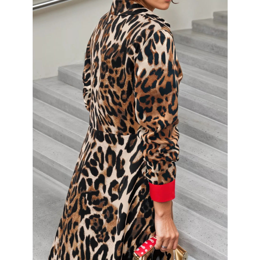 Leopard Print Long Sleeve Shirt Dress with Contrast Trim Apparel and Accessories