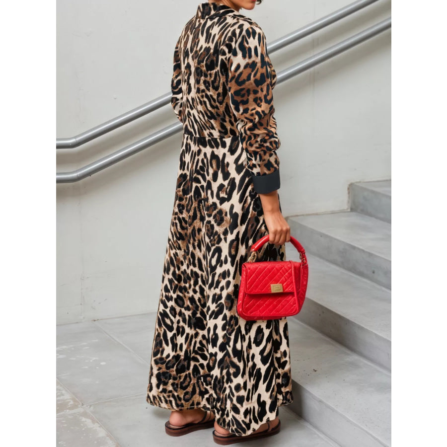 Leopard Print Long Sleeve Shirt Dress with Contrast Trim Apparel and Accessories
