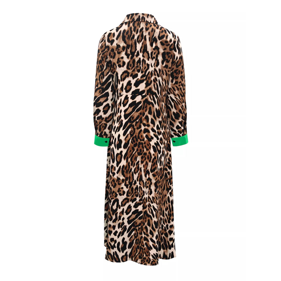 Leopard Print Long Sleeve Shirt Dress with Contrast Trim Apparel and Accessories