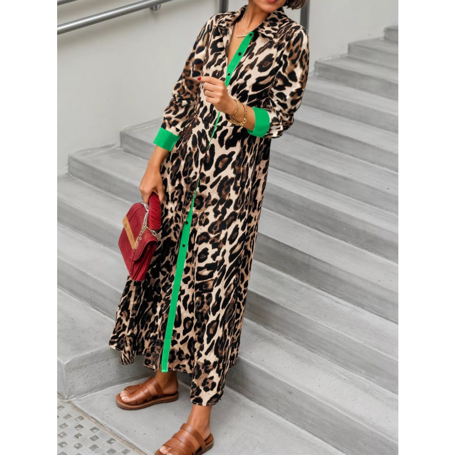 Leopard Print Long Sleeve Shirt Dress with Contrast Trim Apparel and Accessories