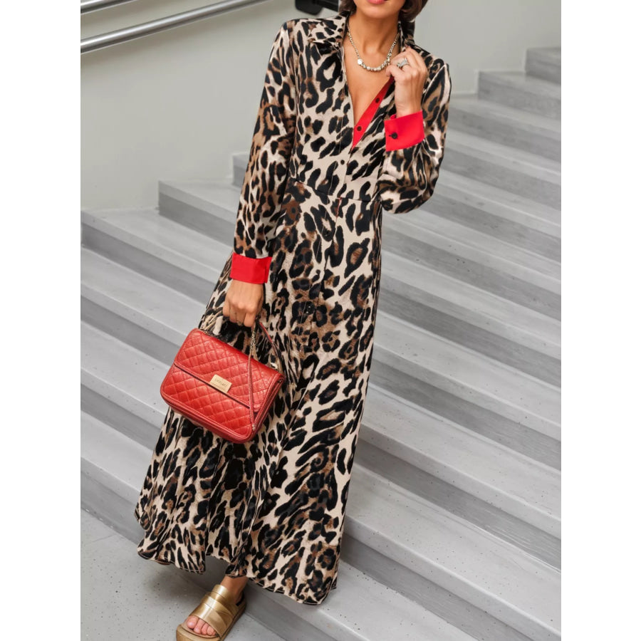 Leopard Print Long Sleeve Shirt Dress with Contrast Trim Apparel and Accessories