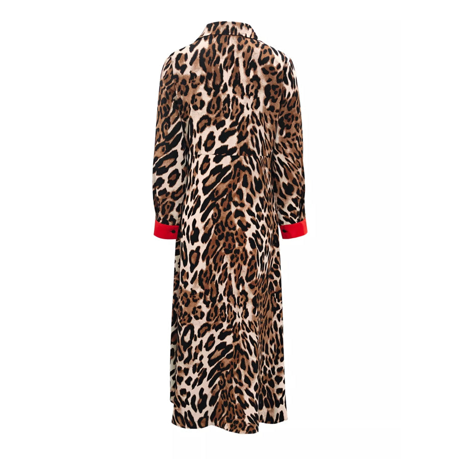 Leopard Print Long Sleeve Shirt Dress with Contrast Trim Apparel and Accessories