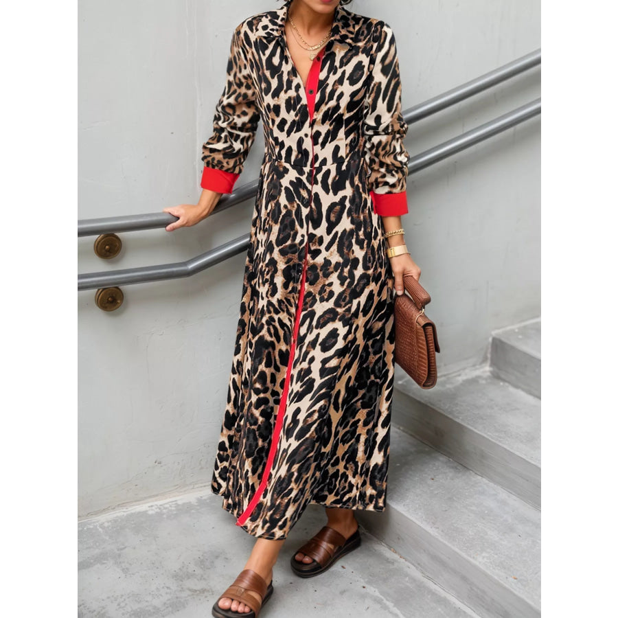 Leopard Print Long Sleeve Shirt Dress with Contrast Trim Apparel and Accessories