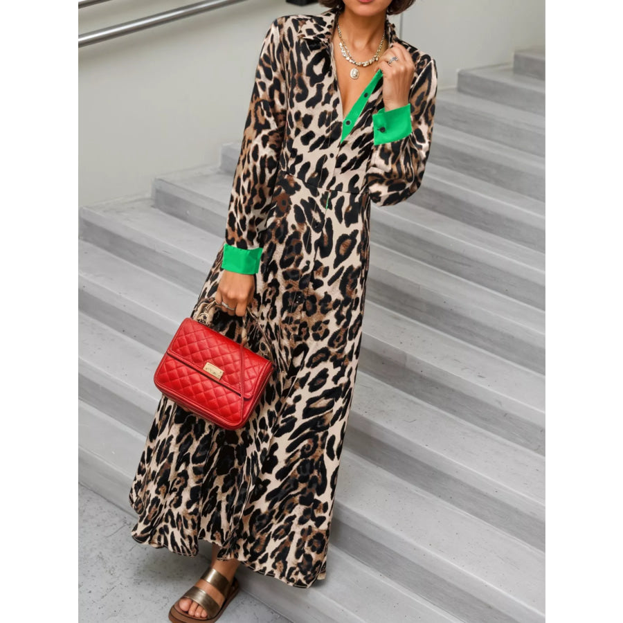 Leopard Print Long Sleeve Shirt Dress with Contrast Trim Apparel and Accessories