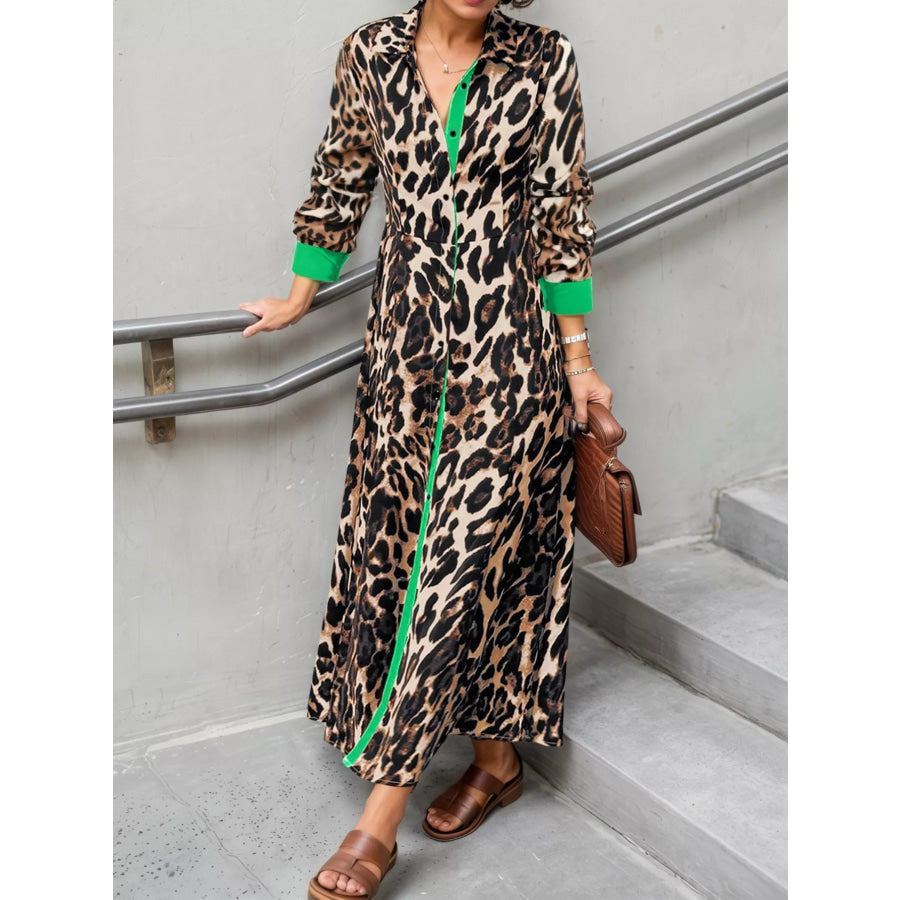 Leopard Print Long Sleeve Shirt Dress with Contrast Trim Army Green / S Apparel and Accessories