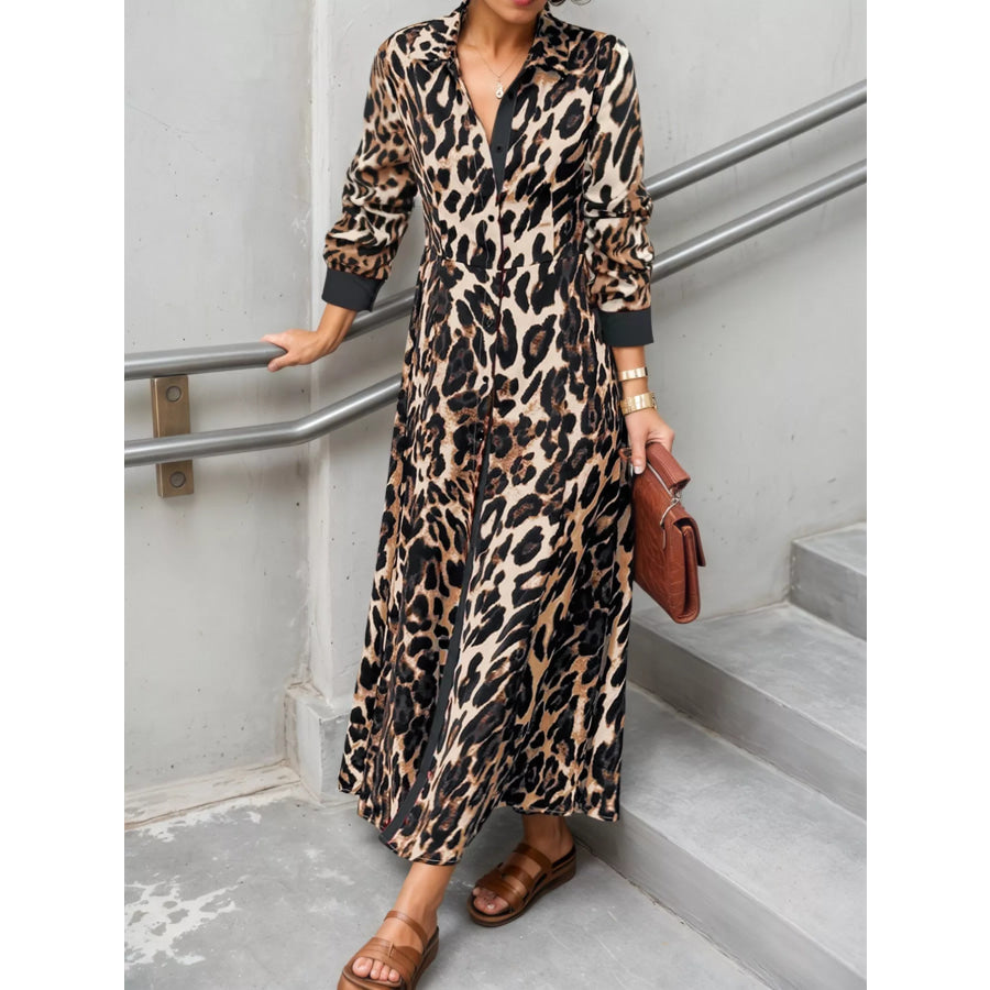 Leopard Print Long Sleeve Shirt Dress with Contrast Trim Black / S Apparel and Accessories