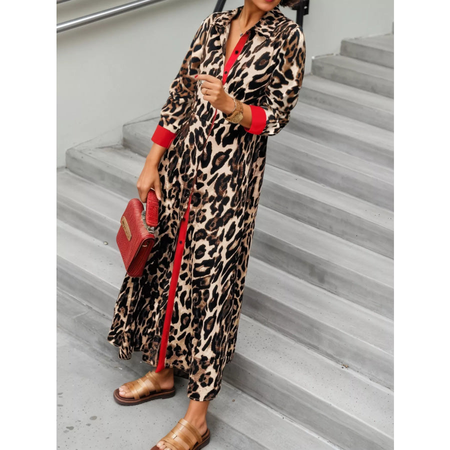 Leopard Print Long Sleeve Shirt Dress with Contrast Trim Scarlet / S Apparel and Accessories