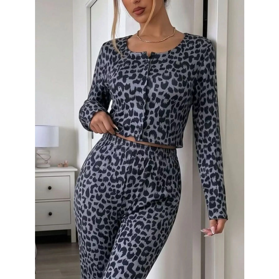 Leopard Print Long Sleeve Top and Pants Lounge Set Apparel Accessories