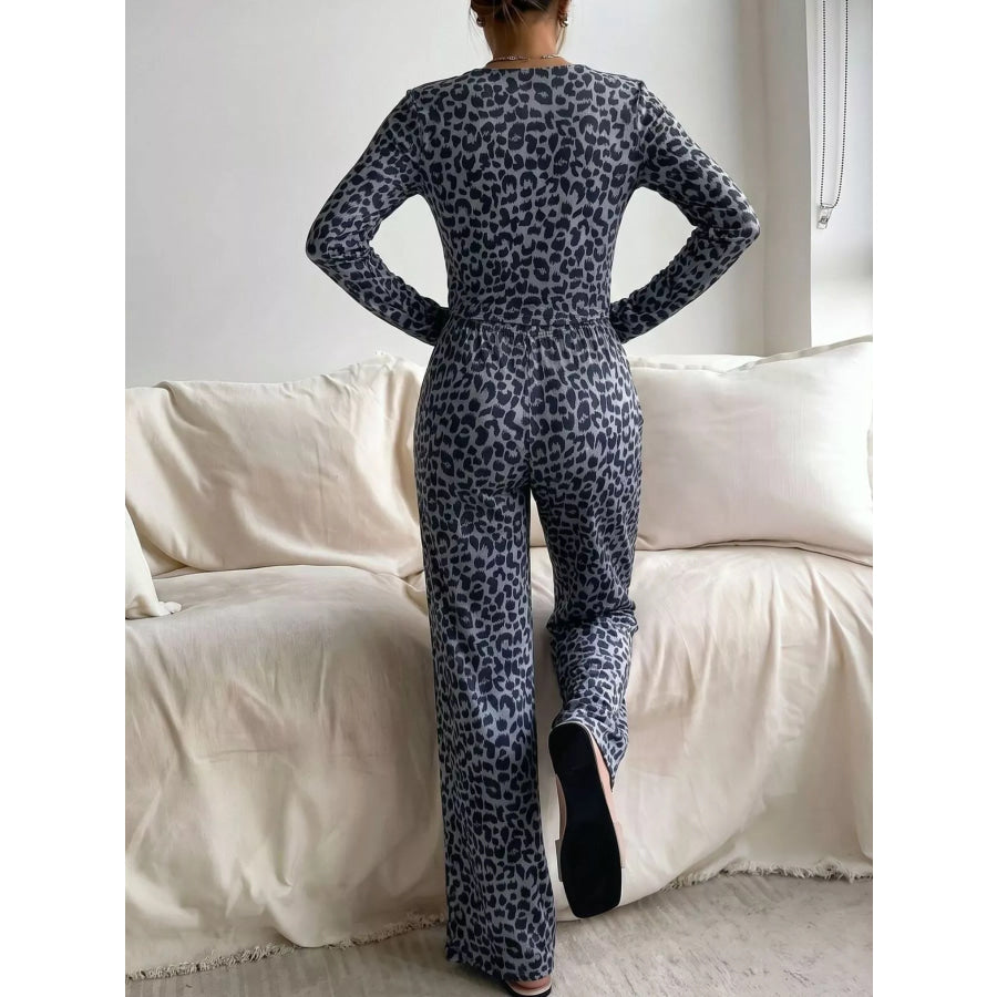 Leopard Print Long Sleeve Top and Pants Lounge Set Apparel Accessories