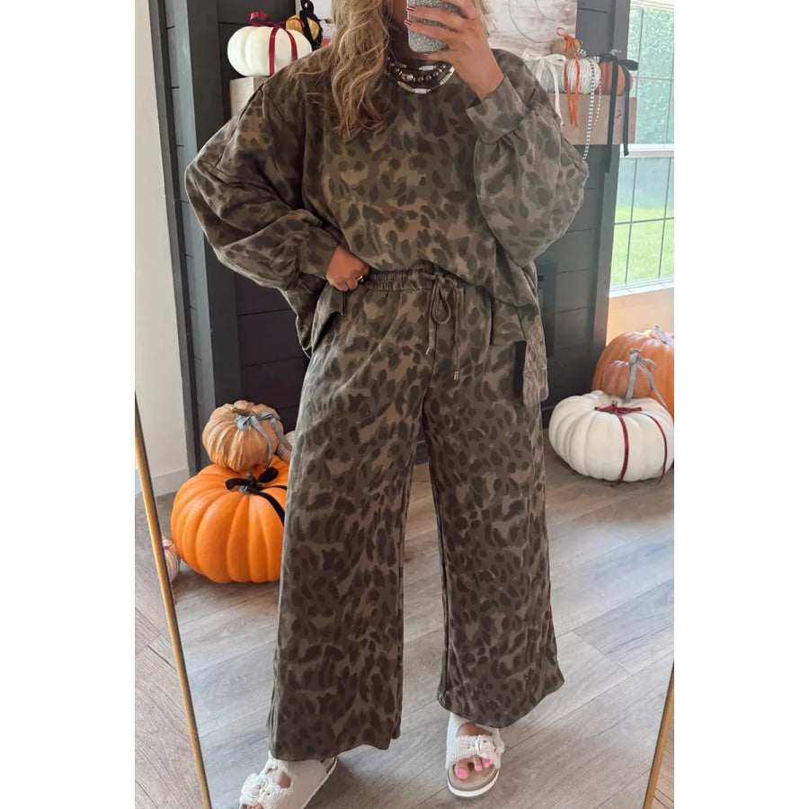Leopard Print Long Sleeve Top and Pants Set Apparel and Accessories
