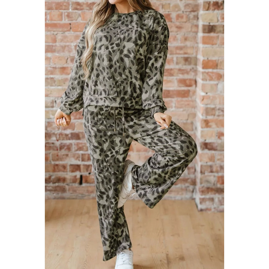 Leopard Print Long Sleeve Top and Pants Set Apparel and Accessories