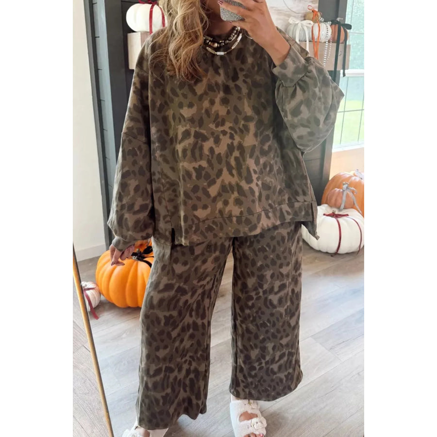 Leopard Print Long Sleeve Top and Pants Set Apparel and Accessories