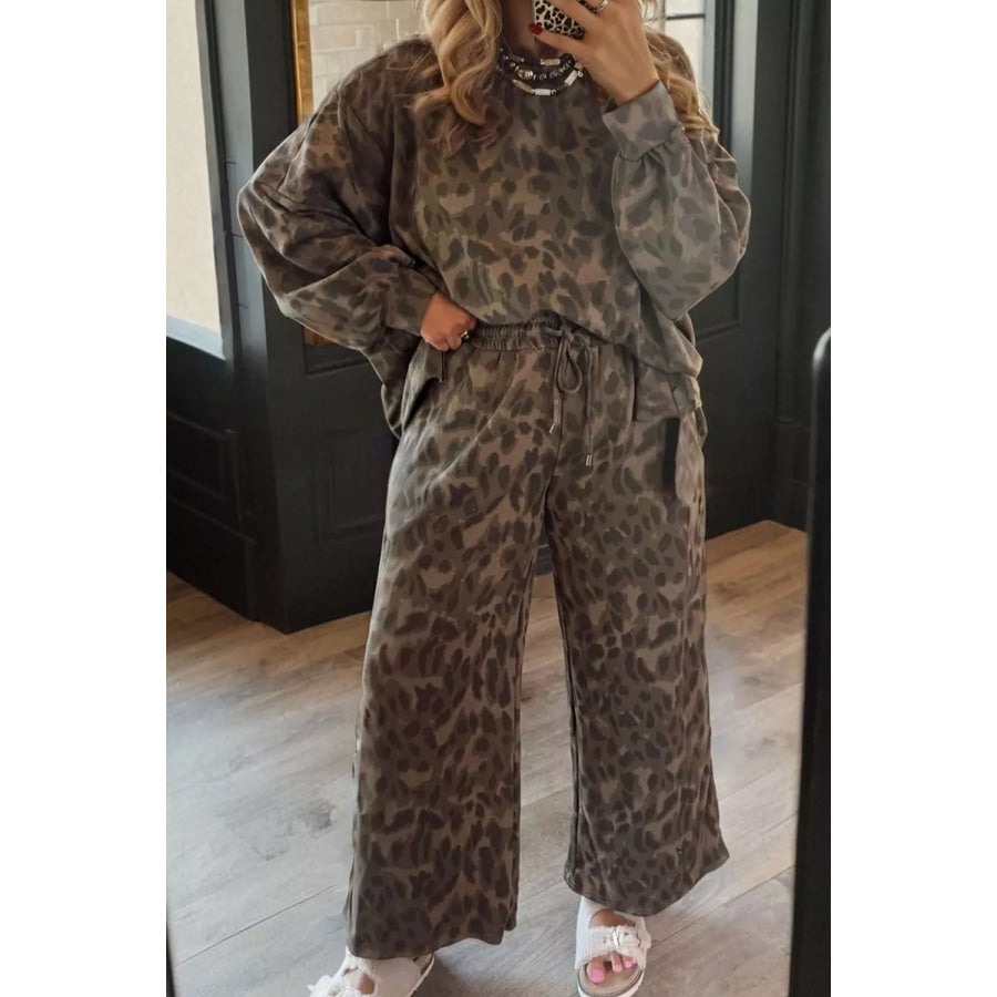 Leopard Print Long Sleeve Top and Pants Set Apparel and Accessories
