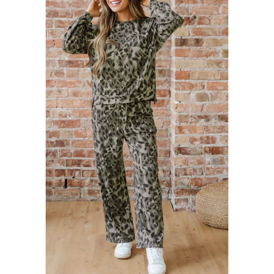 Leopard Print Long Sleeve Top and Pants Set Apparel and Accessories