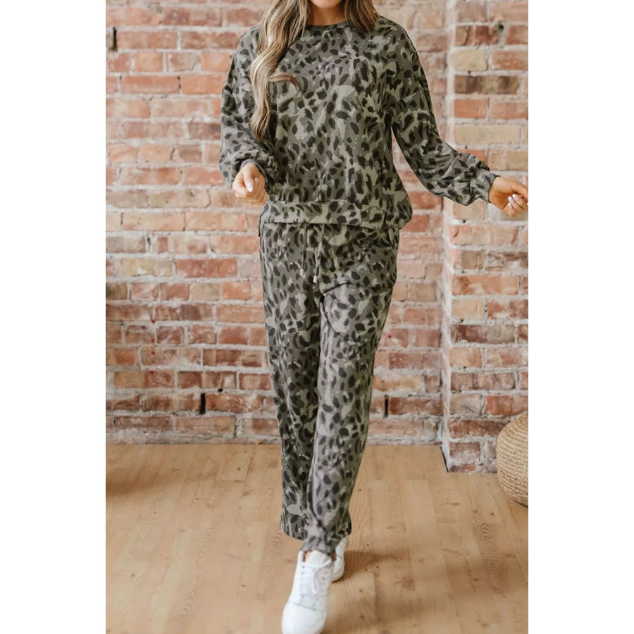 Leopard Print Long Sleeve Top and Pants Set Apparel and Accessories