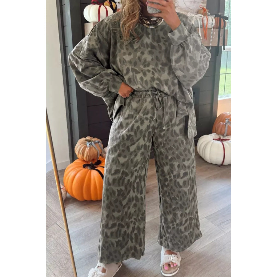 Leopard Print Long Sleeve Top and Pants Set Apparel and Accessories