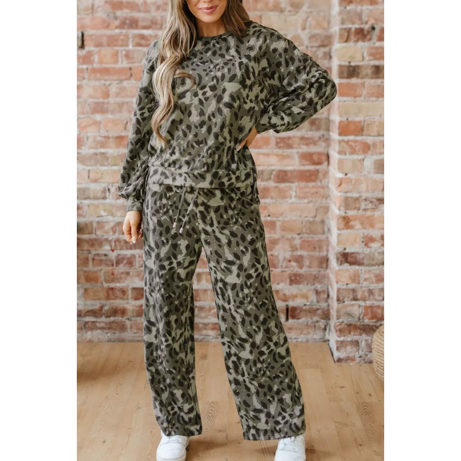 Leopard Print Long Sleeve Top and Pants Set Apparel and Accessories
