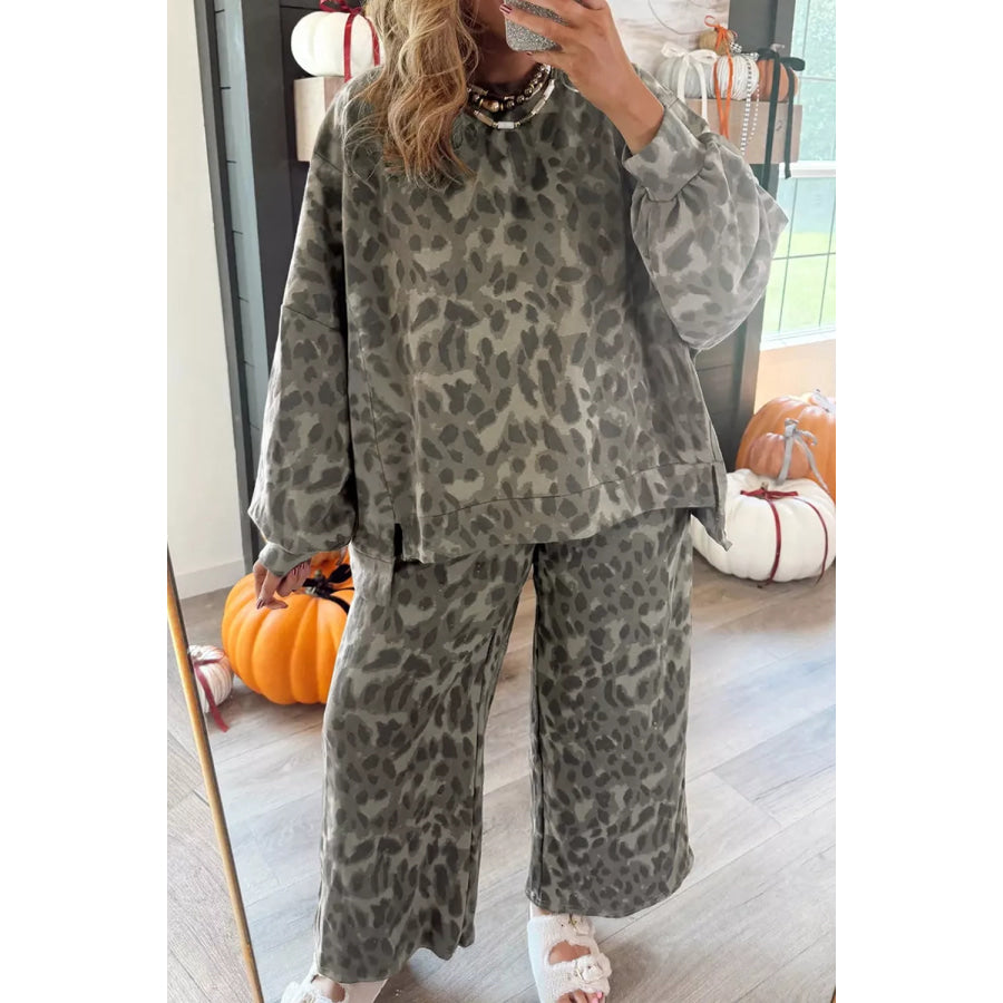 Leopard Print Long Sleeve Top and Pants Set Apparel and Accessories