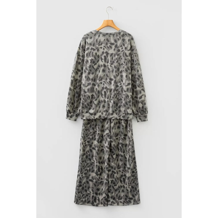 Leopard Print Long Sleeve Top and Pants Set Apparel and Accessories