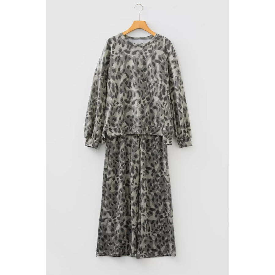 Leopard Print Long Sleeve Top and Pants Set Apparel and Accessories