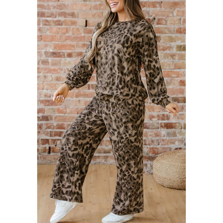 Leopard Print Long Sleeve Top and Pants Set Apparel and Accessories
