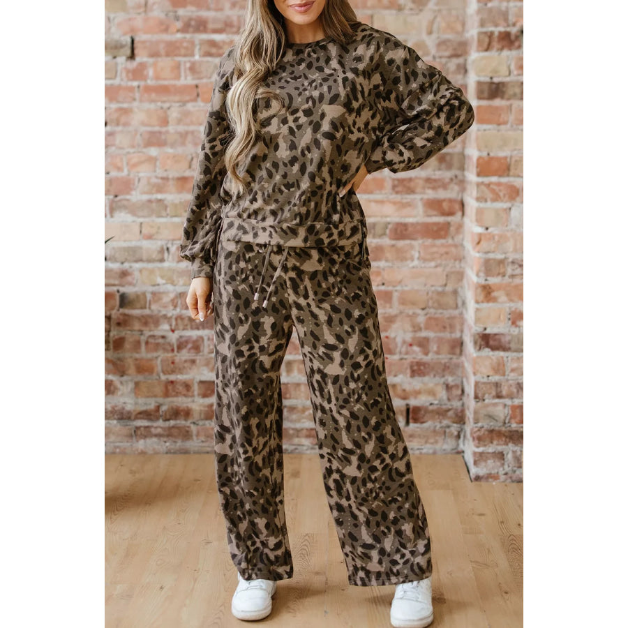 Leopard Print Long Sleeve Top and Pants Set Brown / S Apparel and Accessories