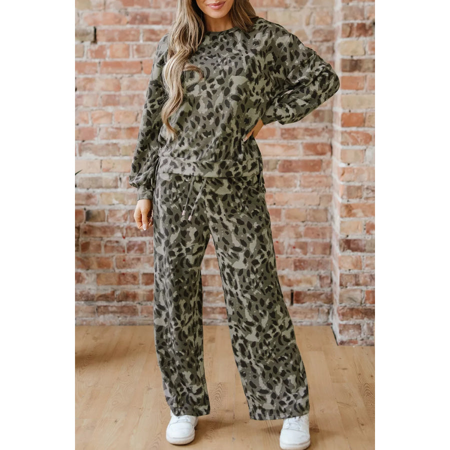 Leopard Print Long Sleeve Top and Pants Set Moss / S Apparel and Accessories