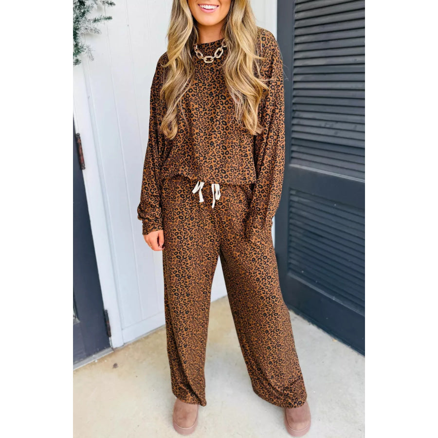 Leopard Print Long Sleeve Top Relaxed Pant Set Apparel and Accessories