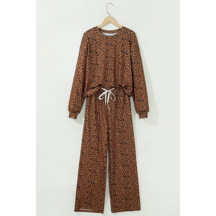 Leopard Print Long Sleeve Top Relaxed Pant Set Apparel and Accessories
